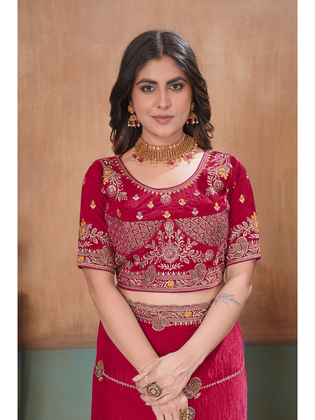Peachmode Rani Pink Embroidered Fendy Satin Saree With Stitched Blouse - Image 5