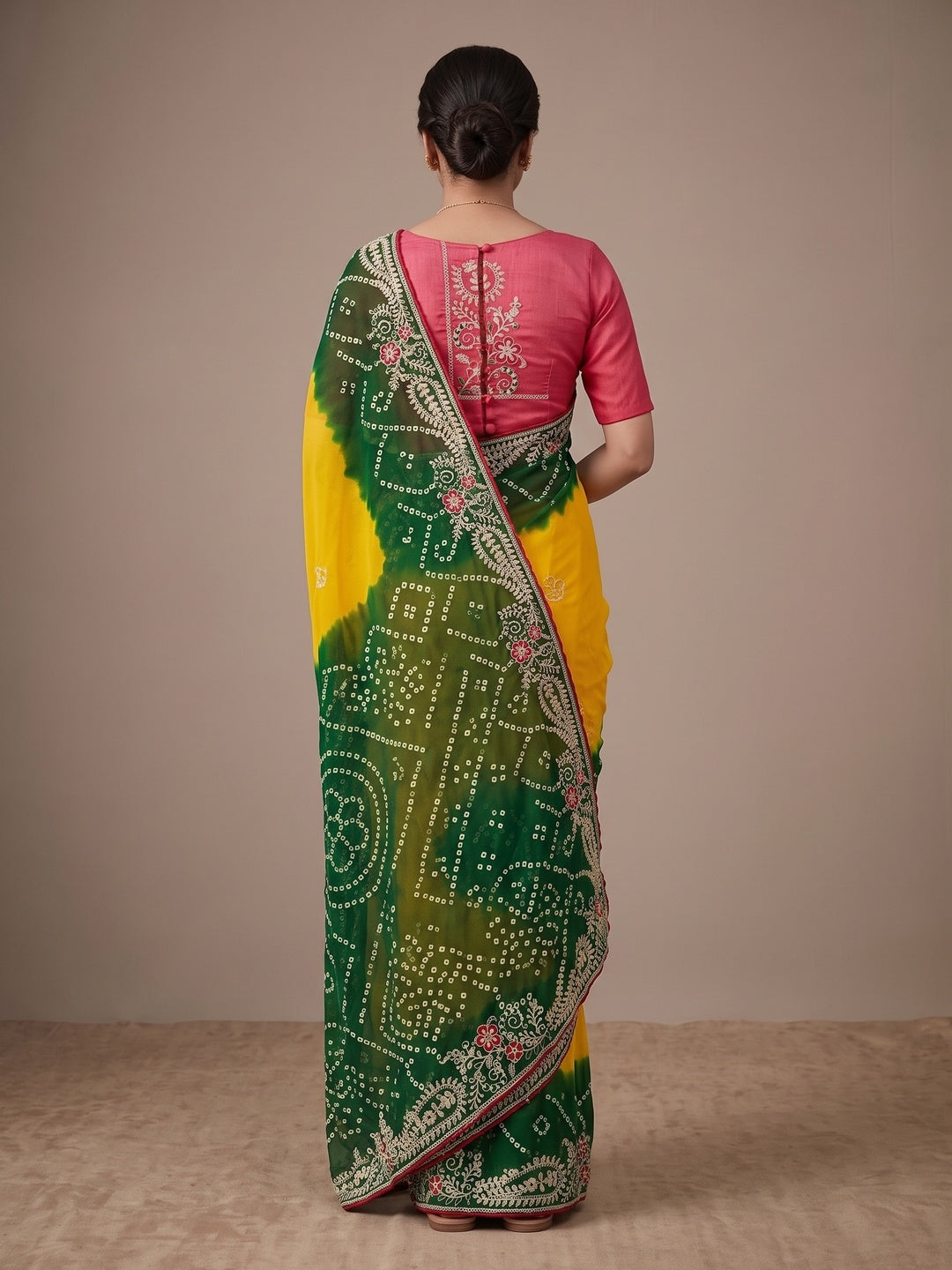 Peachmode Yellow and Green Georgette Bandhani Embroidered Saree - Image 5