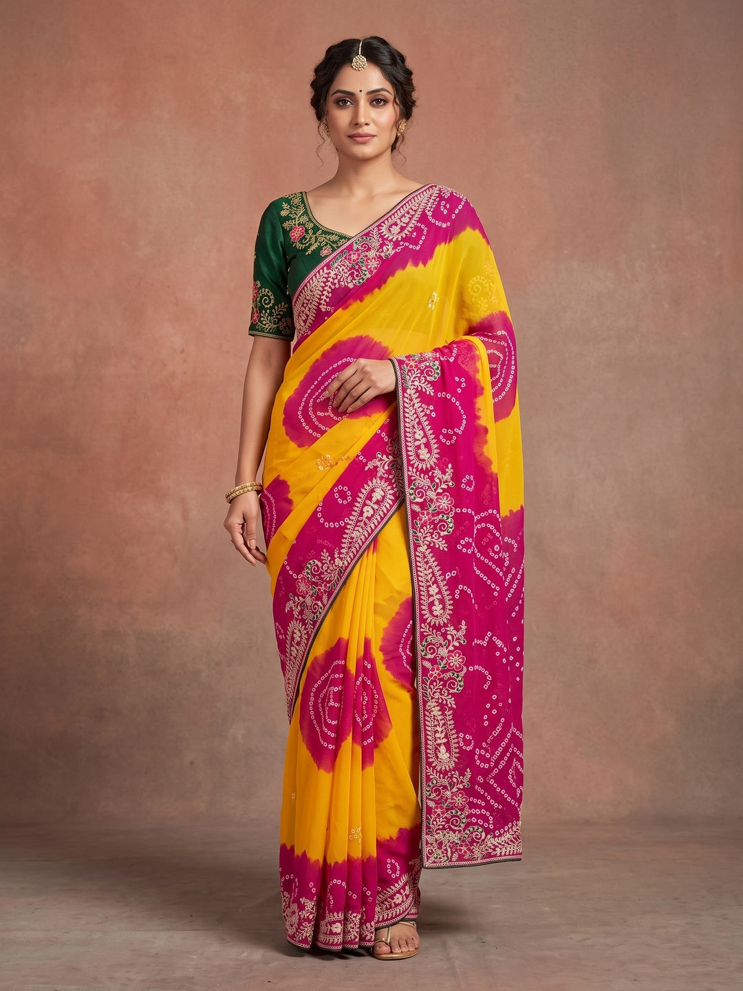 Peachmode Yellow and Pink Georgette Bandhani Embroidered Saree - Image 1