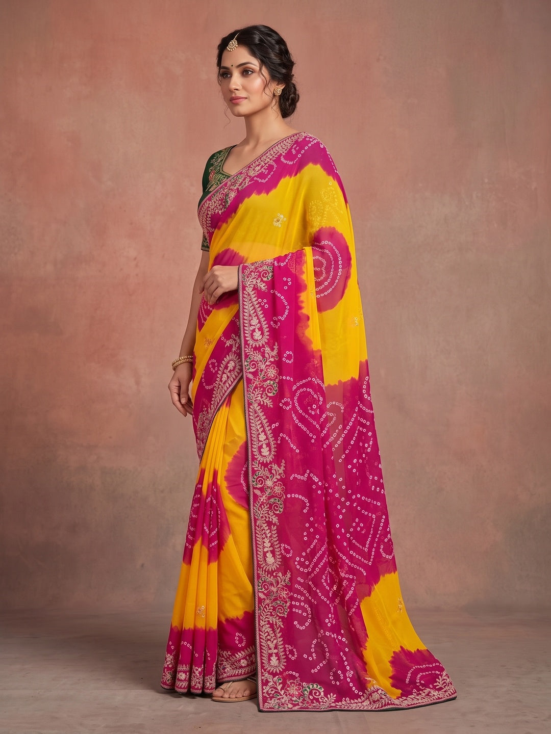 Peachmode Yellow and Pink Georgette Bandhani Embroidered Saree - Image 3