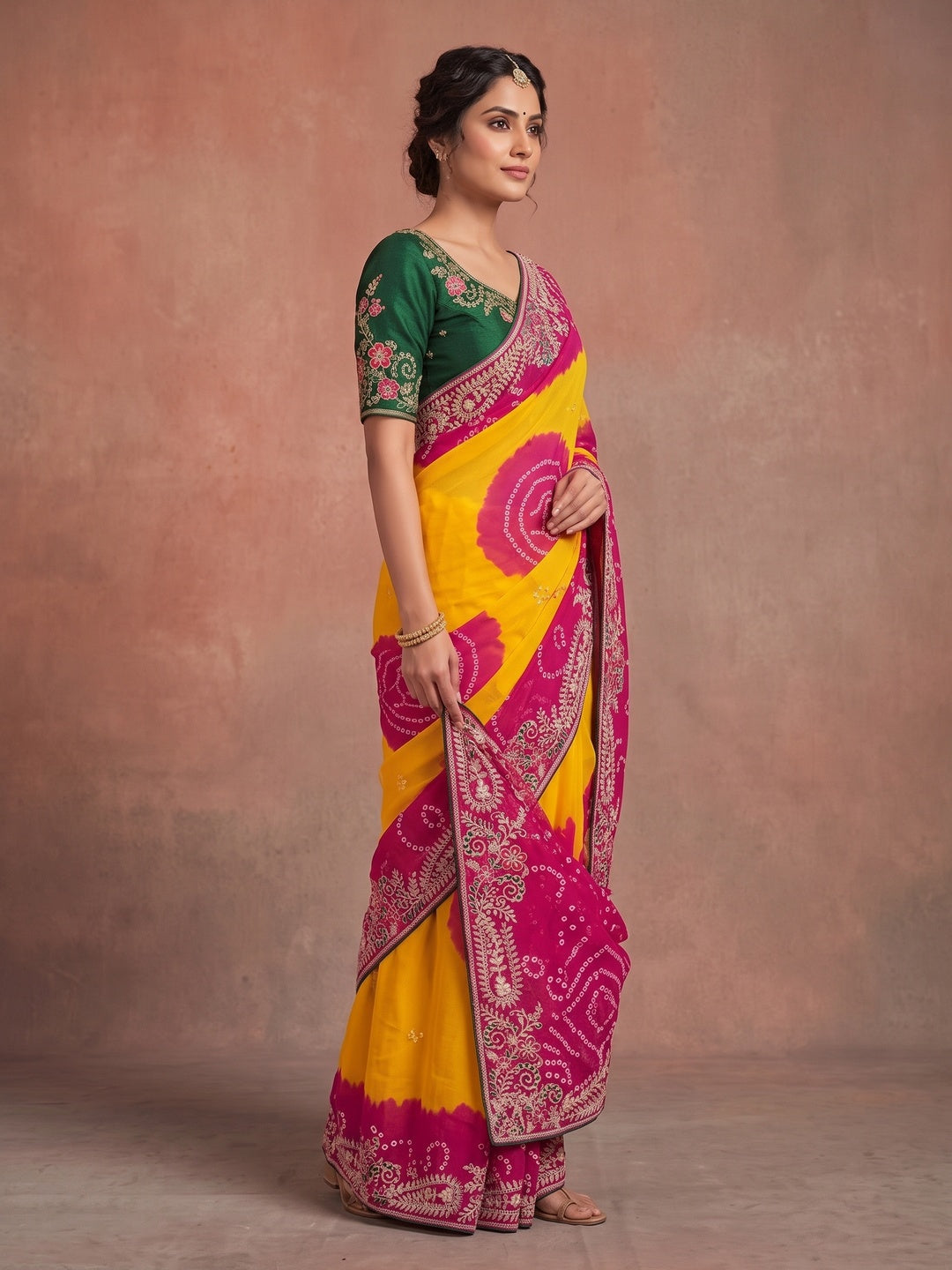 Peachmode Yellow and Pink Georgette Bandhani Embroidered Saree - Image 4