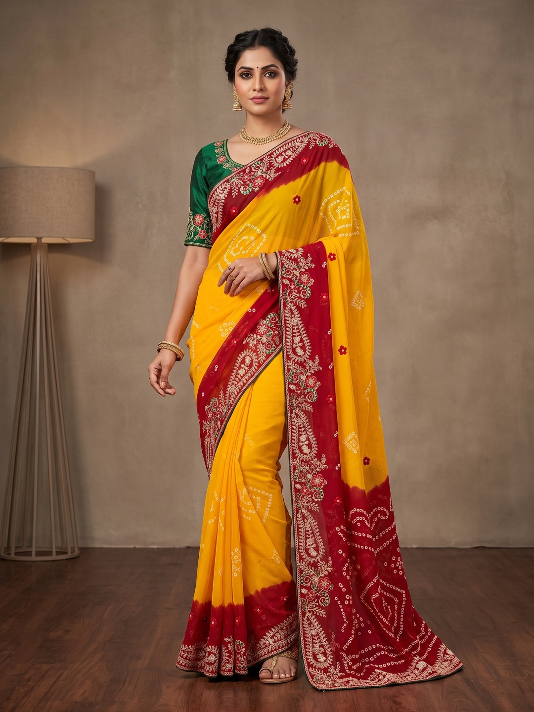 Peachmode Yellow and Red Georgette Bandhani Embroidered Saree - Image 1