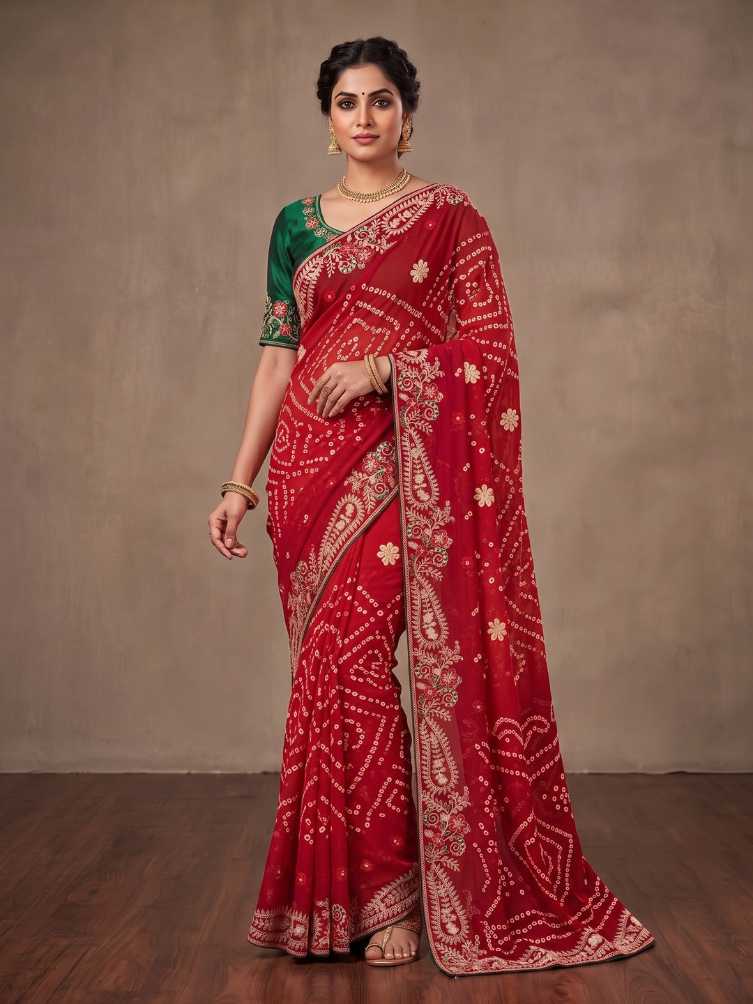 Peachmode Yellow and Red Georgette Bandhani Embroidered Saree - Image 2