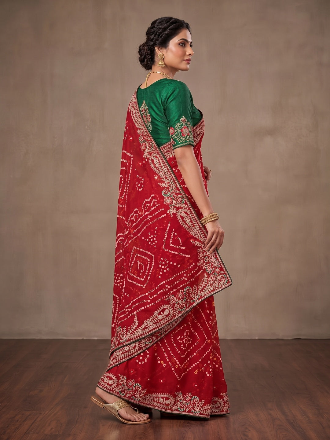 Peachmode Yellow and Red Georgette Bandhani Embroidered Saree - Image 4