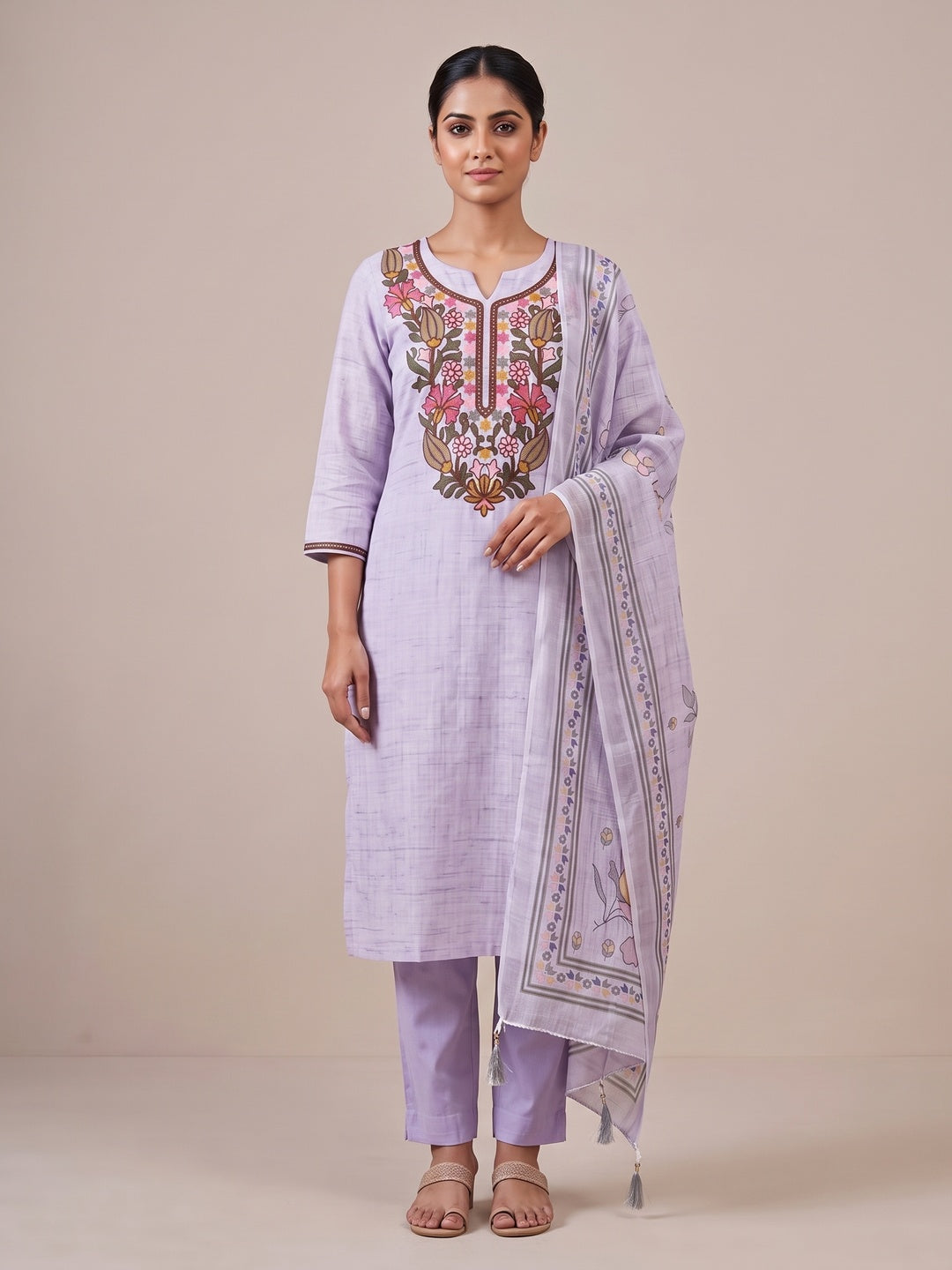 Peachmode Lavender Floral Embroidered Linen Cotton Dress Material - Image 2