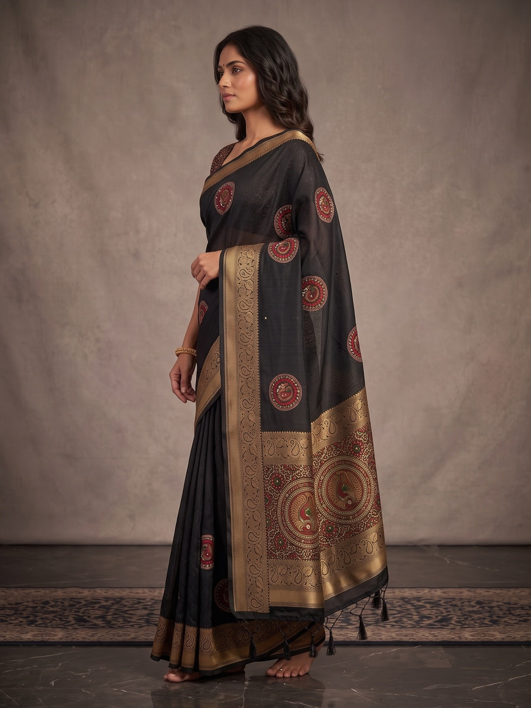 Peachmode Black Dola Silk Ethnic Motifs Saree - Image 3