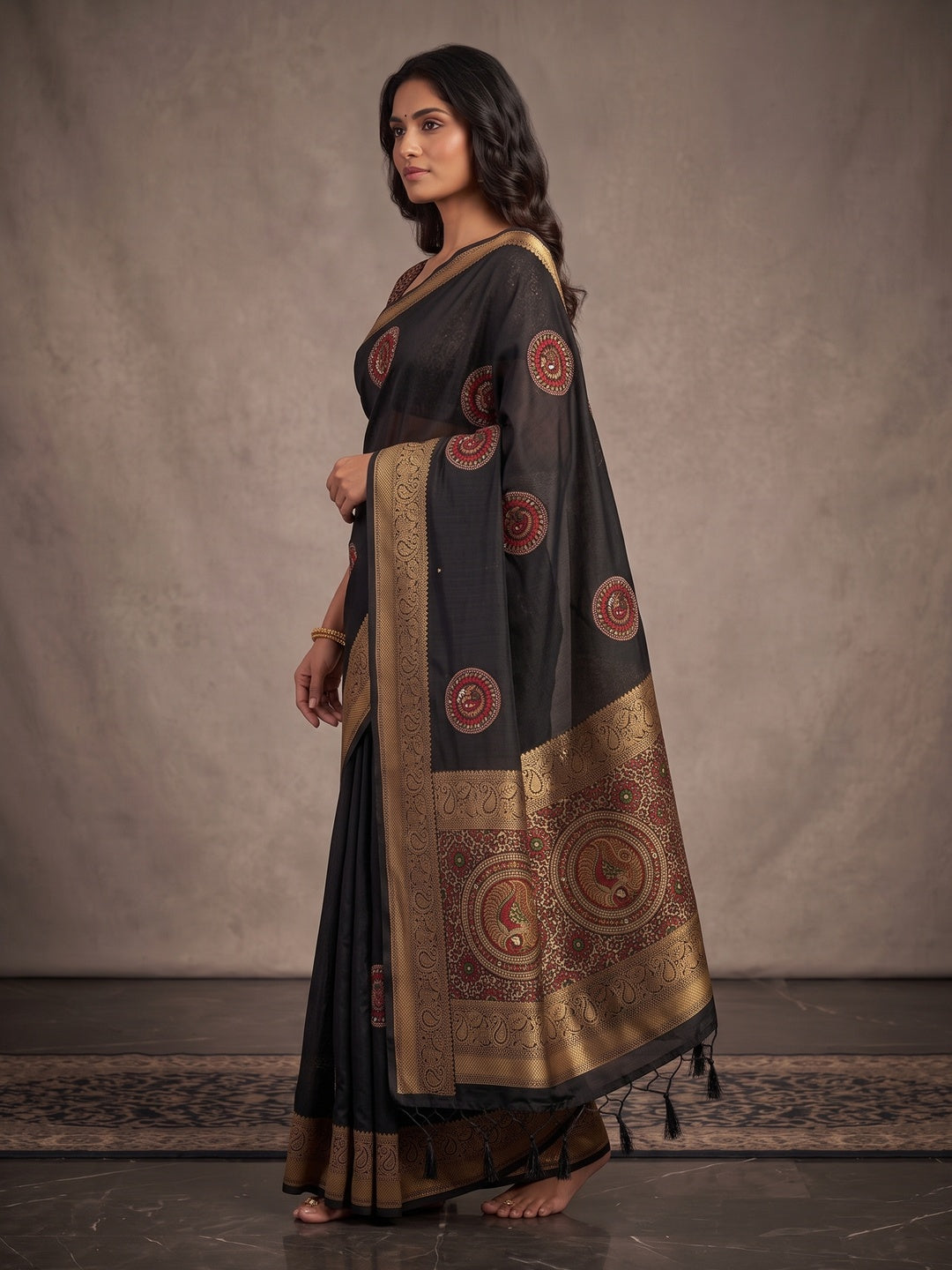 Peachmode Black Dola Silk Ethnic Motifs Saree - Image 4