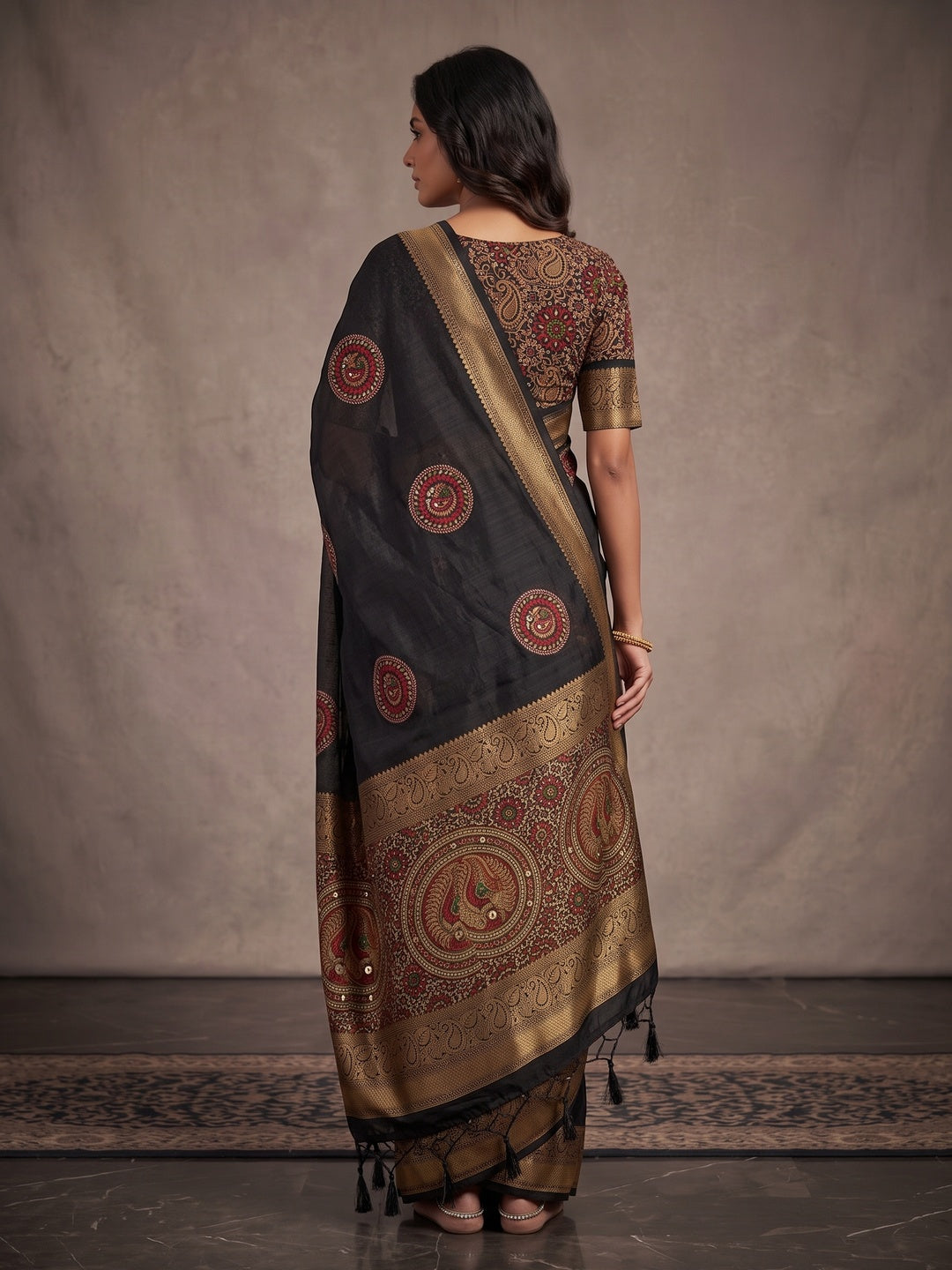 Peachmode Black Dola Silk Ethnic Motifs Saree - Image 5