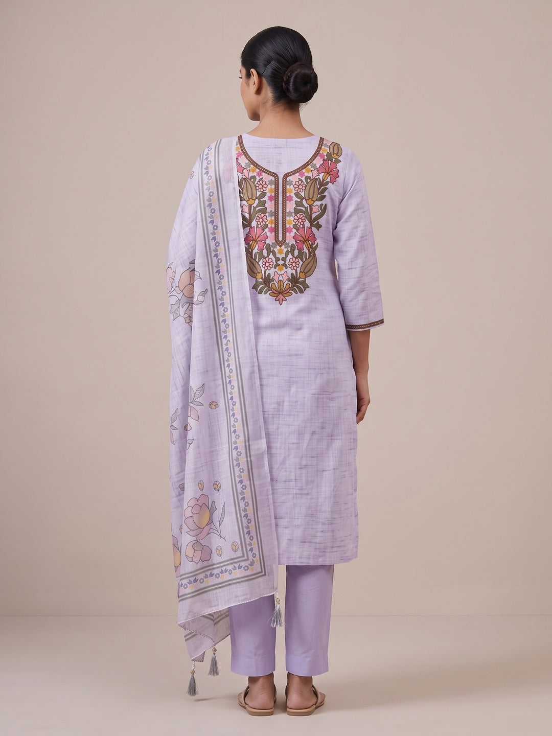 Peachmode Lavender Floral Embroidered Linen Cotton Dress Material - Image 5