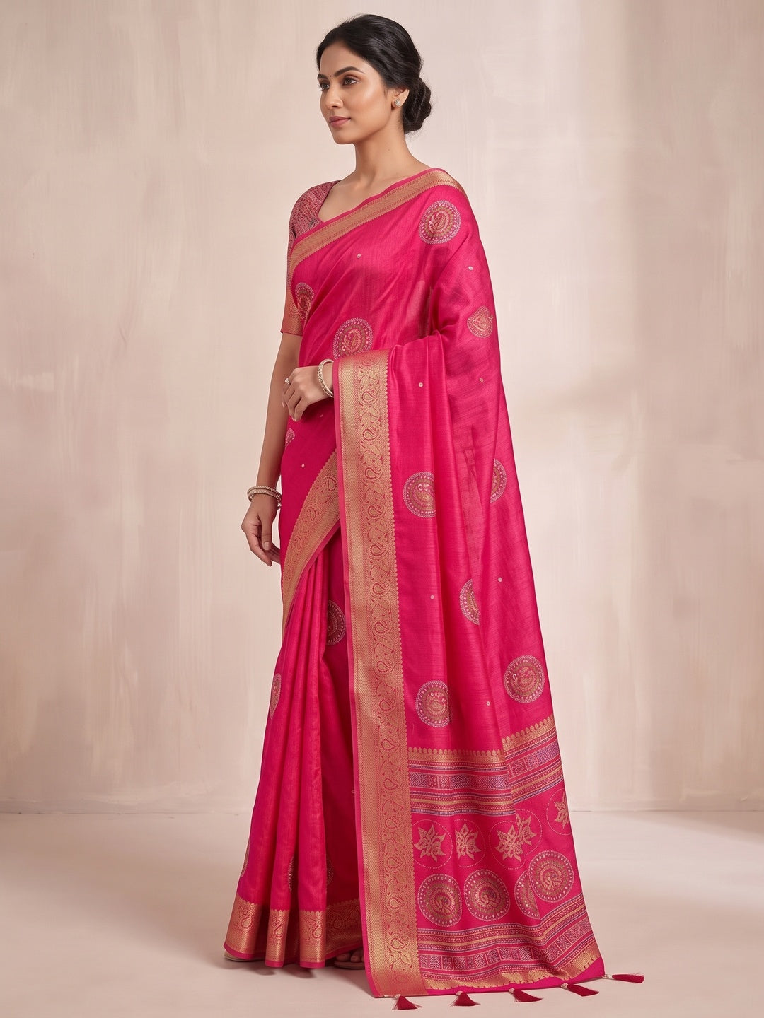 Peachmode Rani Pink Dola Silk Ethnic Motifs Saree - Image 3