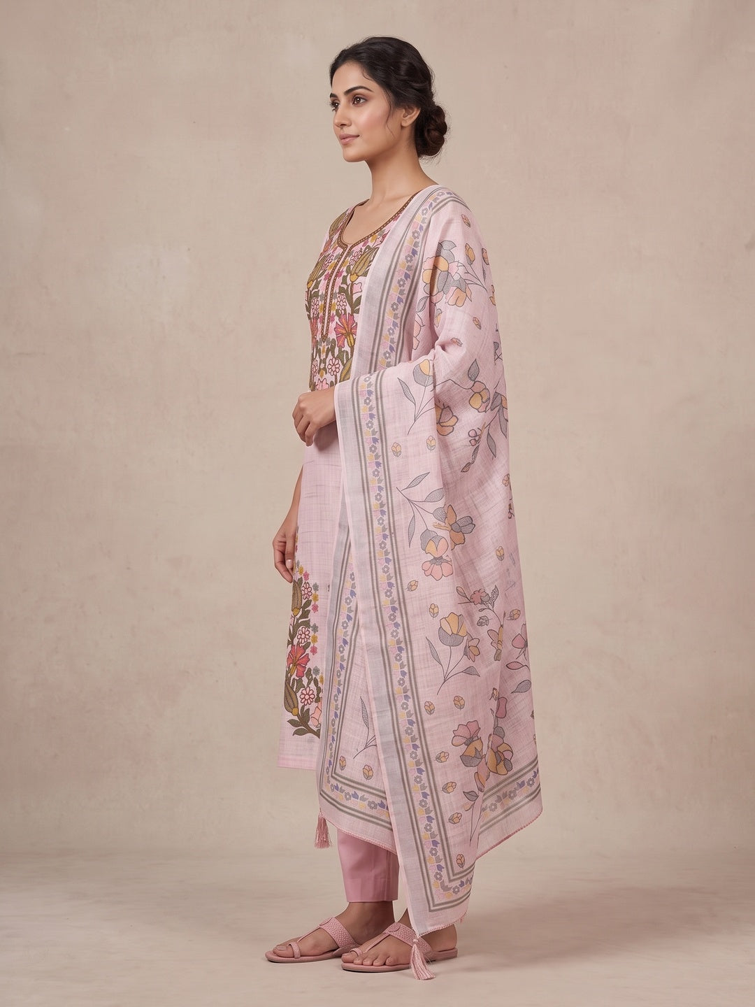 Peachmode Pink Floral Embroidered Linen Cotton Dress Material - Image 3