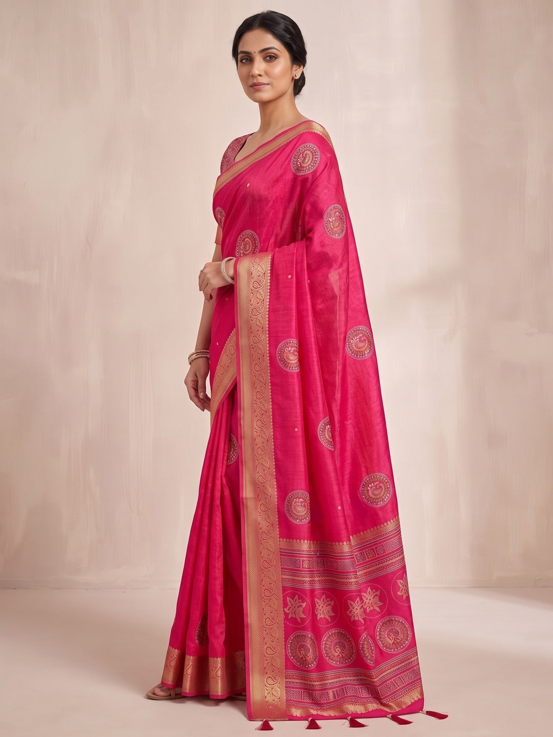 Peachmode Rani Pink Dola Silk Ethnic Motifs Saree - Image 4