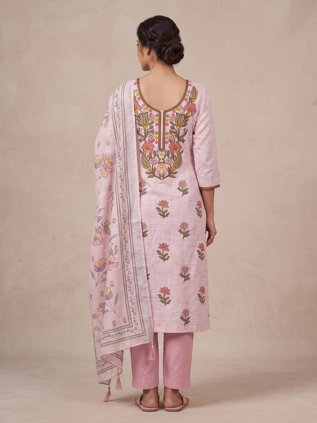 Peachmode Pink Floral Embroidered Linen Cotton Dress Material - Image 5