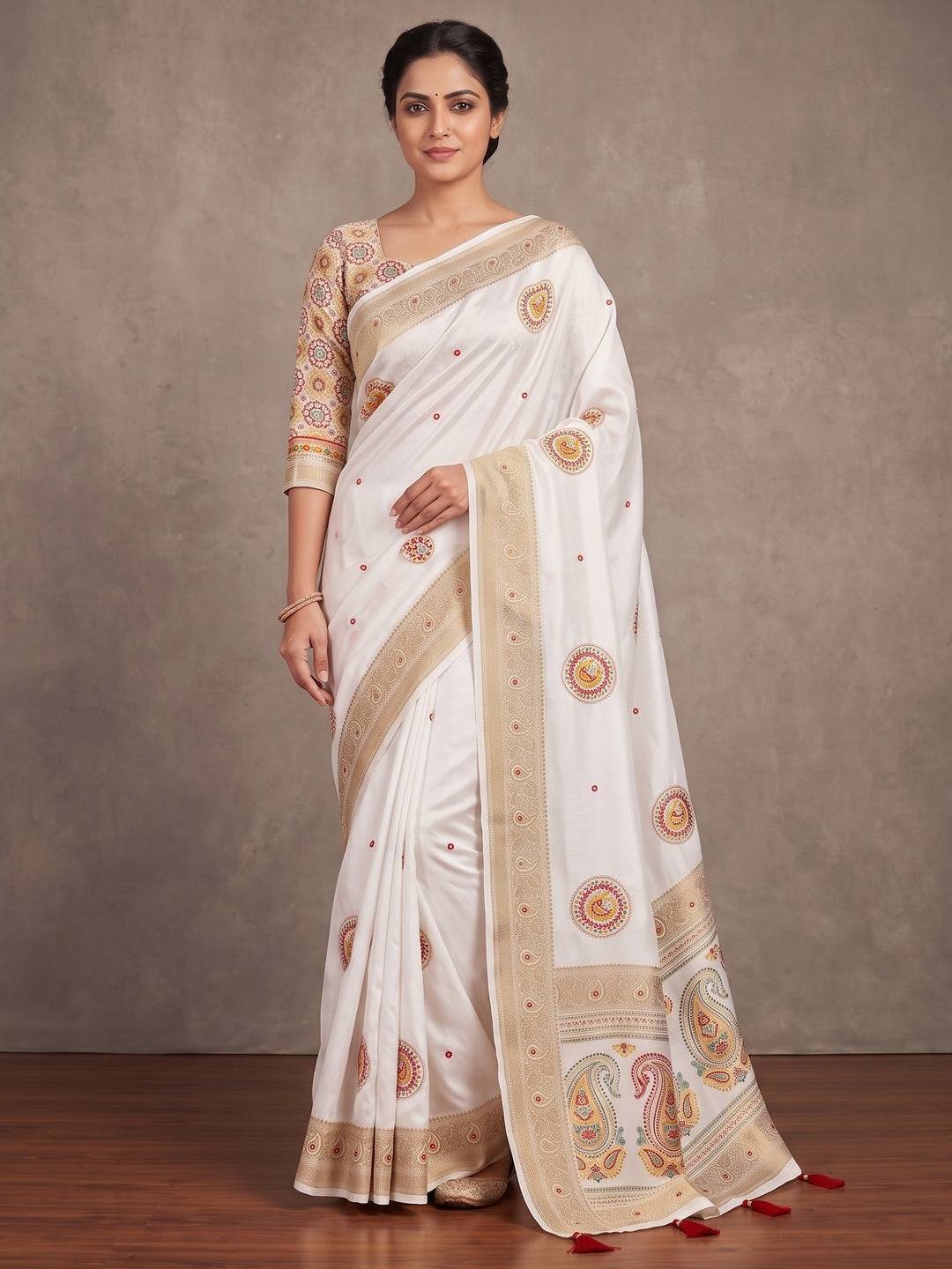 Peachmode White Dola Silk Ethnic Motifs Saree - Image 2
