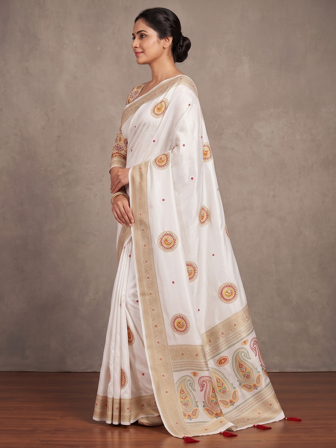 Peachmode White Dola Silk Ethnic Motifs Saree - Image 3