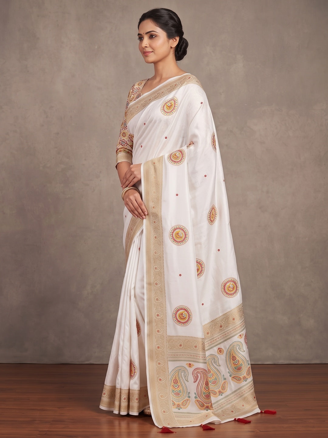 Peachmode White Dola Silk Ethnic Motifs Saree - Image 4