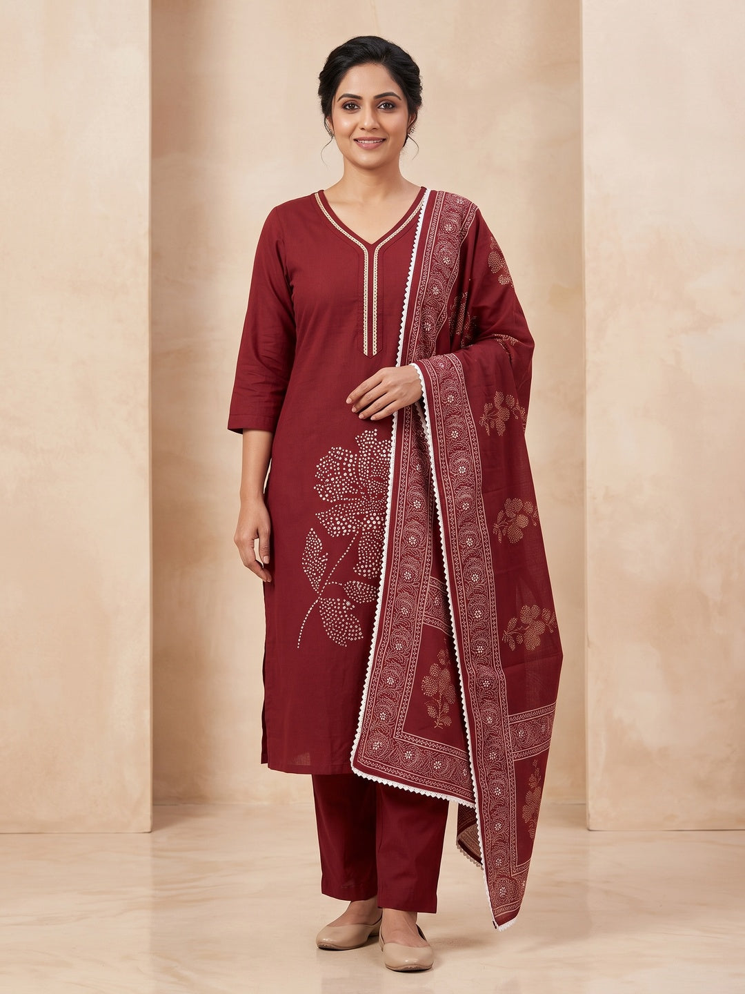 Maroon Pure Cotton Floral Printed Embroidered Salwar Suit Set - Image 1