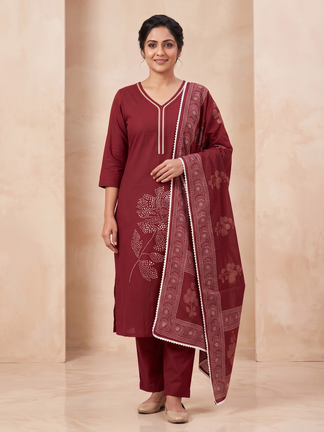 Maroon Pure Cotton Floral Printed Embroidered Salwar Suit Set - Image 2