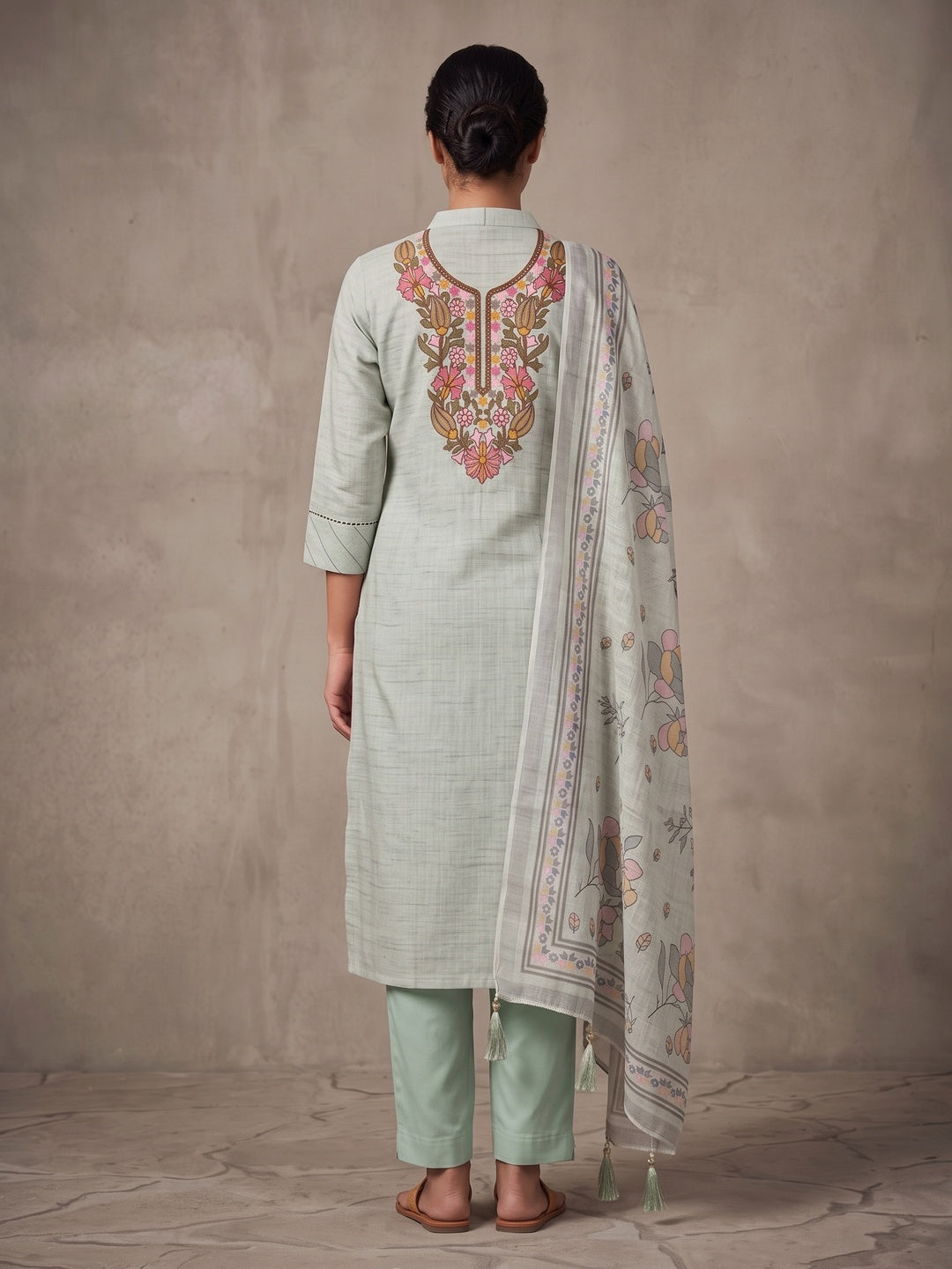Peachmode Green Floral Embroidered Linen Cotton Dress Material - Image 5
