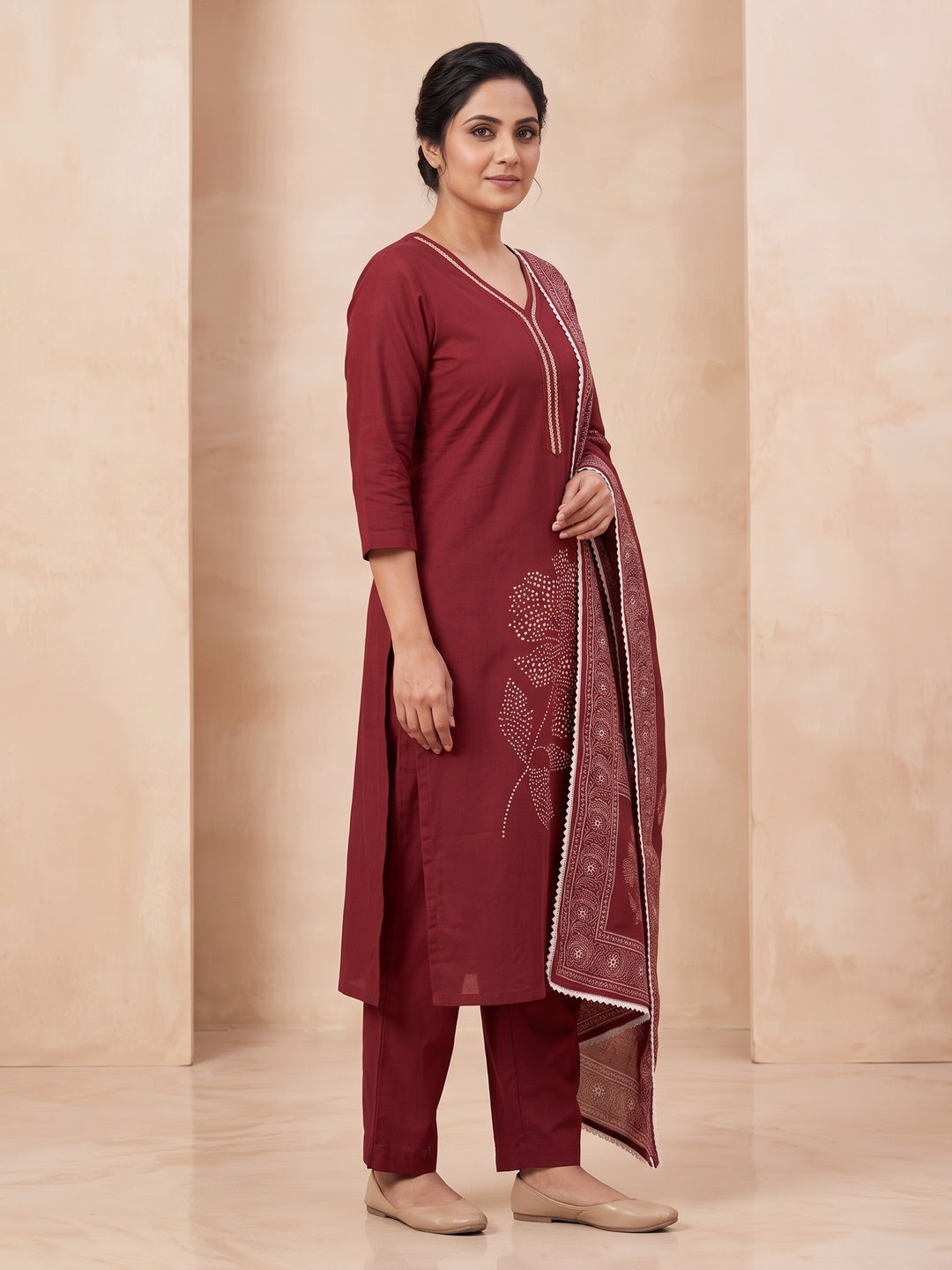 Maroon Pure Cotton Floral Printed Embroidered Salwar Suit Set - Image 4