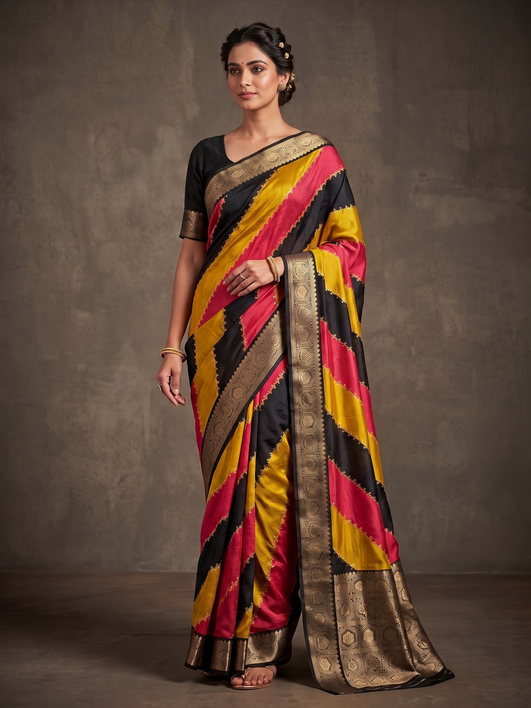 Peachmode Multicolour Dola Silk Striped Saree - Image 2
