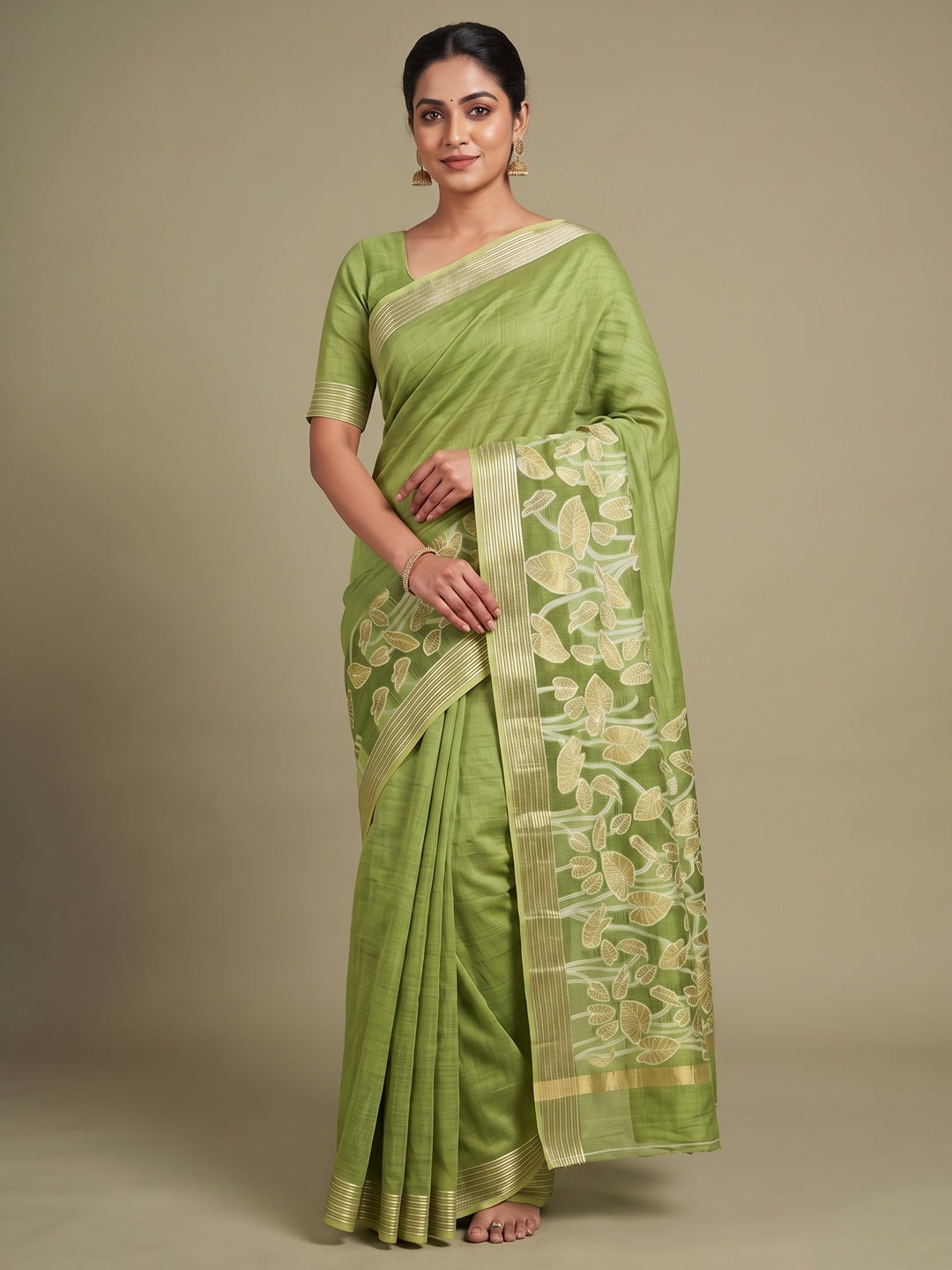 Peachmode Green Cotton Blend Leaf Pallu Saree - Image 2