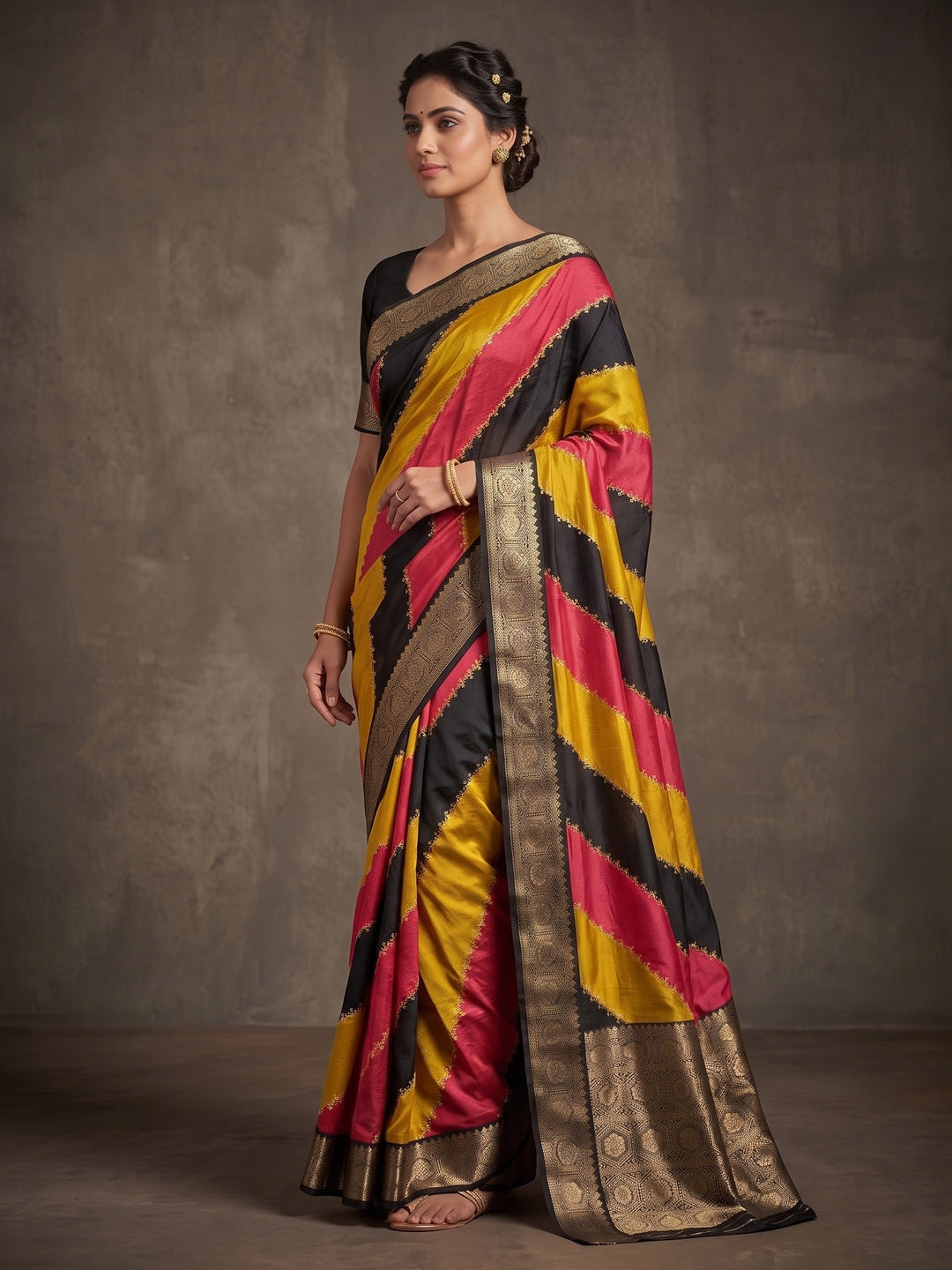 Peachmode Multicolour Dola Silk Striped Saree - Image 3