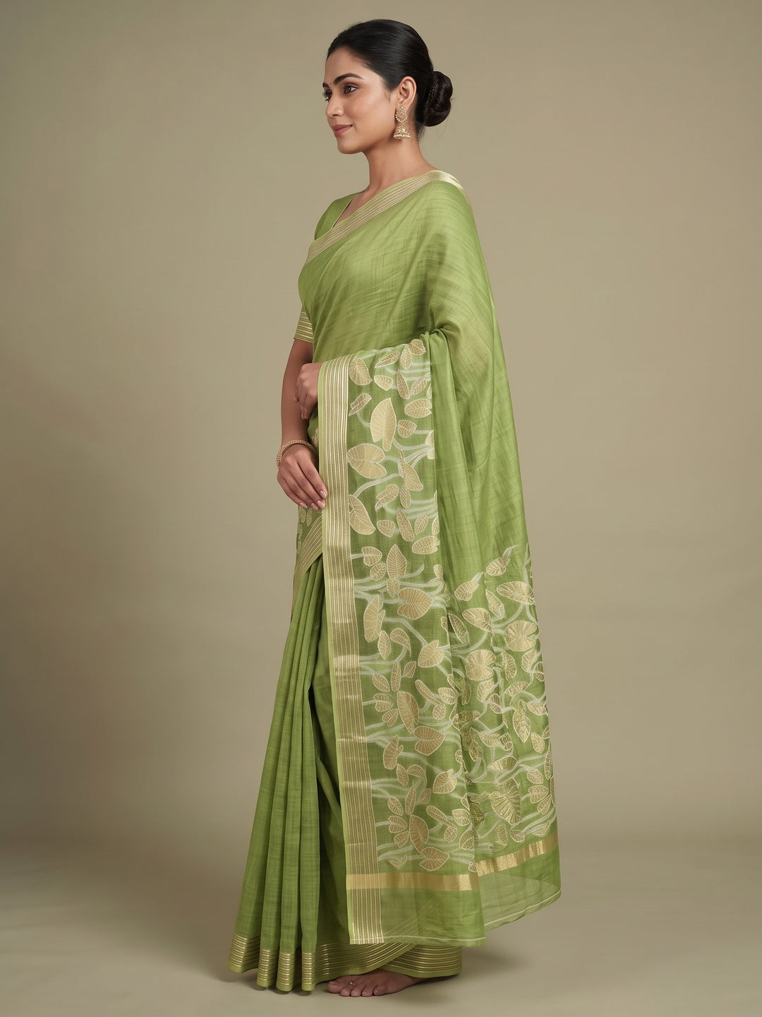 Peachmode Green Cotton Blend Leaf Pallu Saree - Image 3