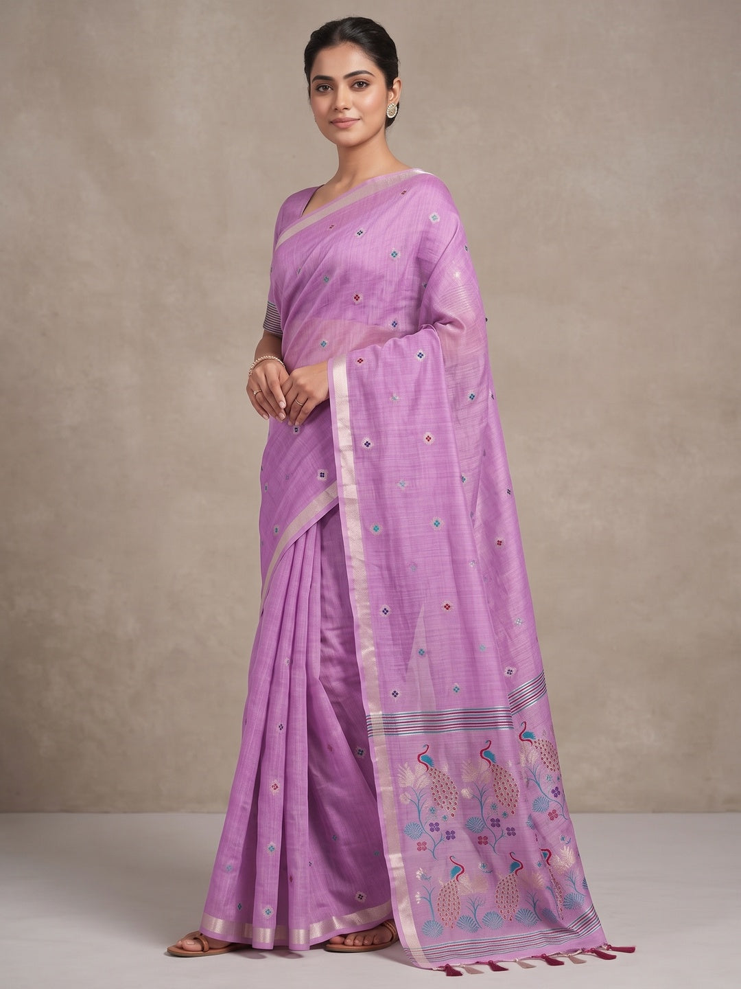 Peachmode Purple Cotton Blend Mirror Motif Saree - Image 3