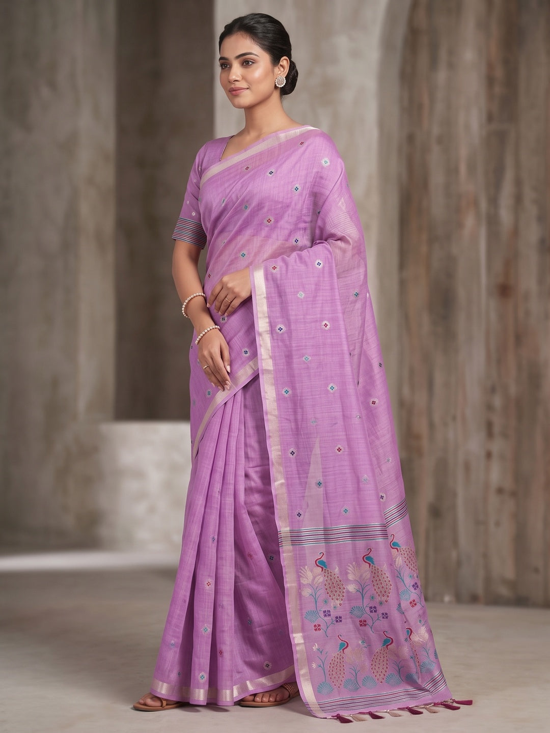 Peachmode Purple Cotton Blend Mirror Motif Saree - Image 4