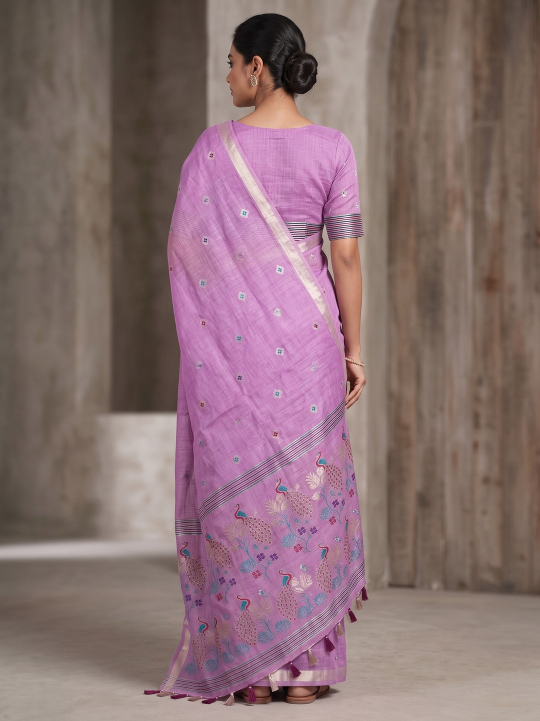 Peachmode Purple Cotton Blend Mirror Motif Saree - Image 5