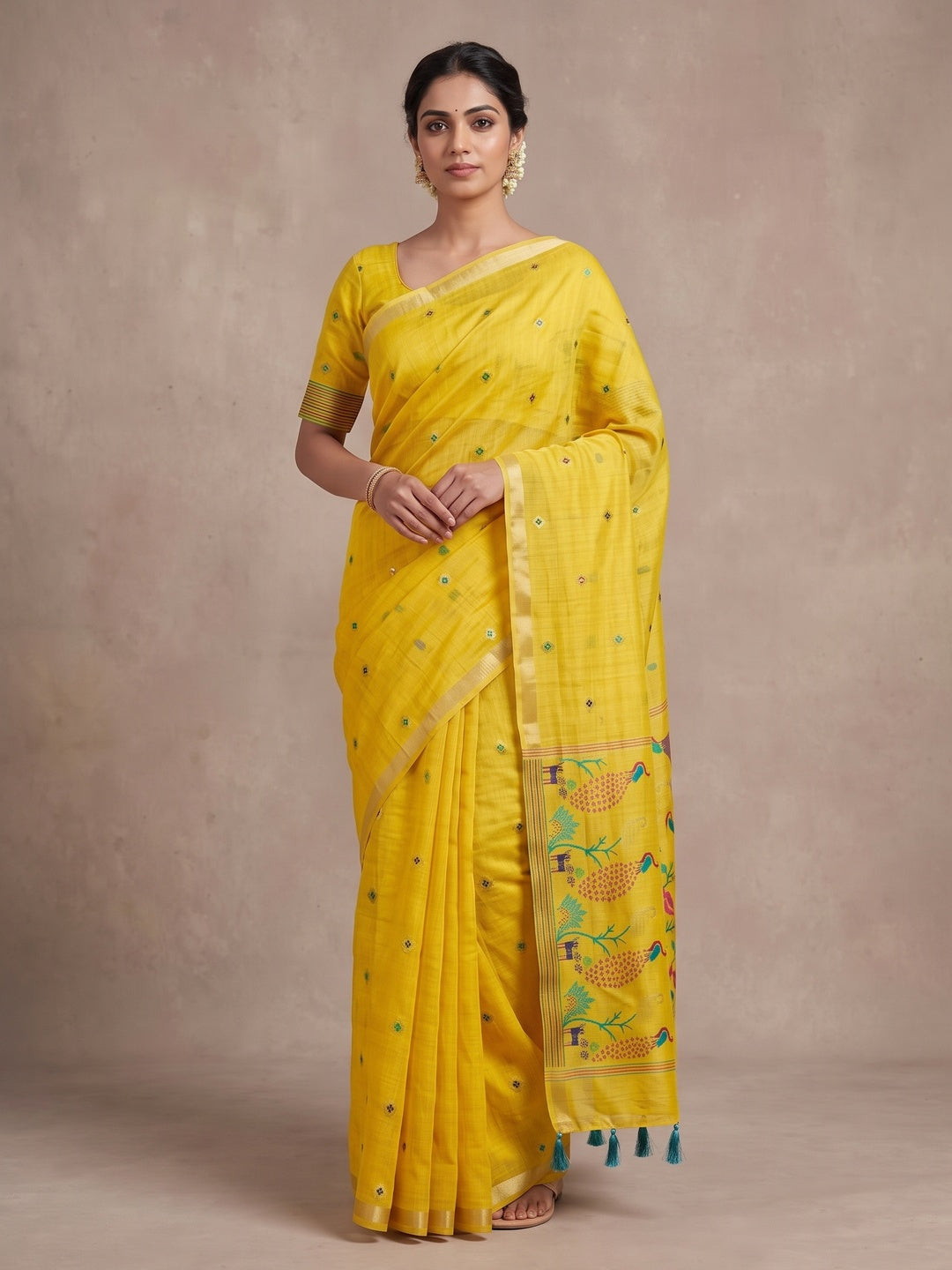 Peachmode Yellow Cotton Blend Mirror Motif Saree - Image 2