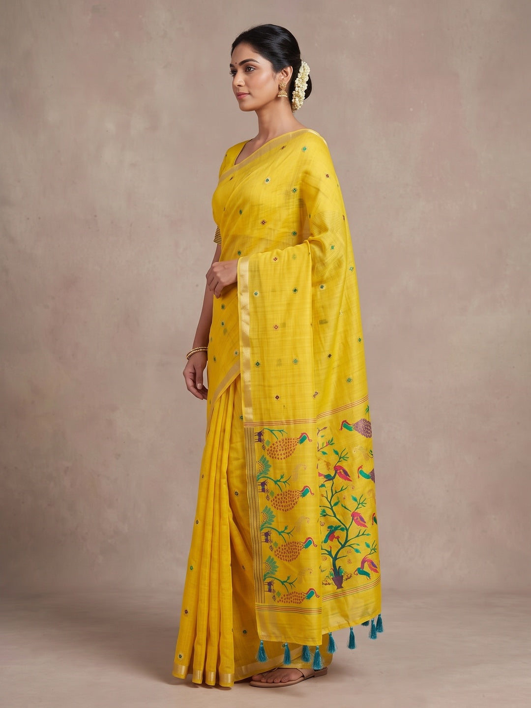 Peachmode Yellow Cotton Blend Mirror Motif Saree - Image 3
