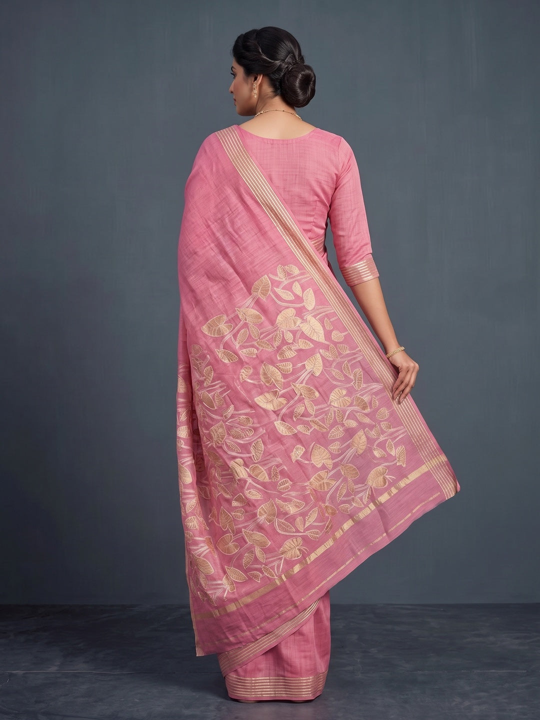 Peachmode Pink Cotton Blend Leaf Pallu Saree - Image 5