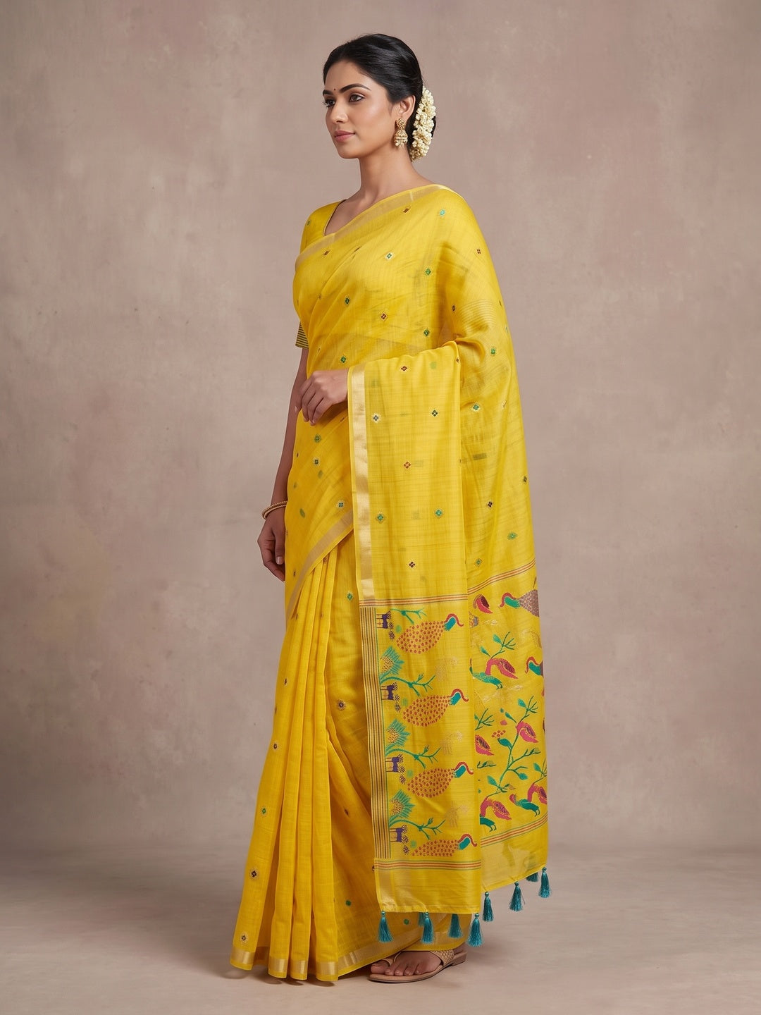 Peachmode Yellow Cotton Blend Mirror Motif Saree - Image 4