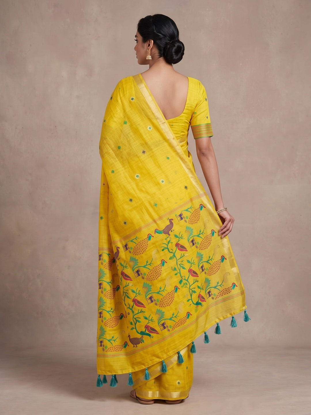 Peachmode Yellow Cotton Blend Mirror Motif Saree - Image 5
