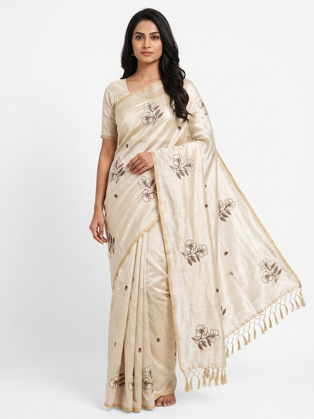 Festive Cream Saree with Exquisite Floral Embroidery Crafted in Art Silk - Image 1