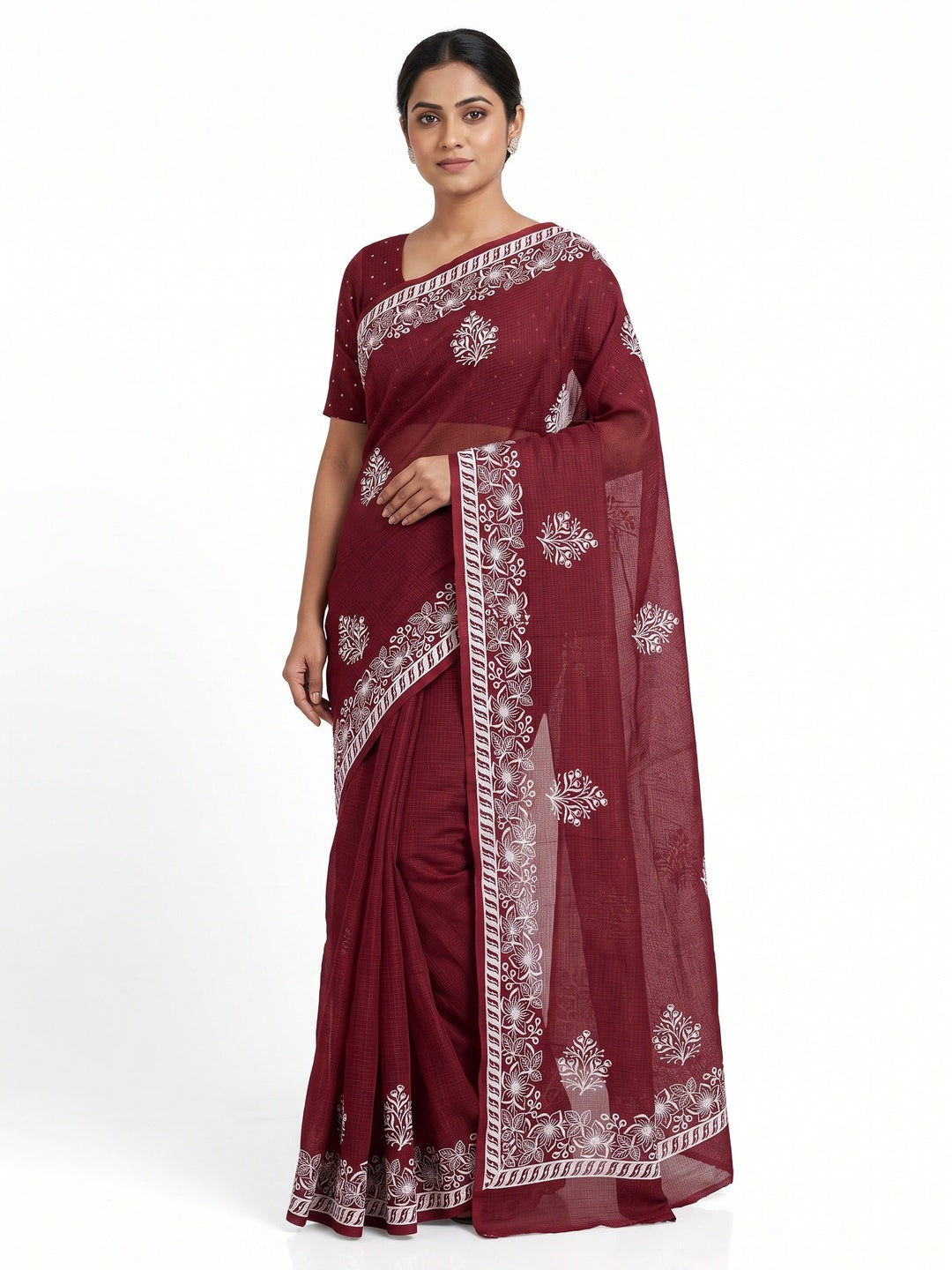 Maroon Floral Embroidered Kota Doria Saree - Image 1