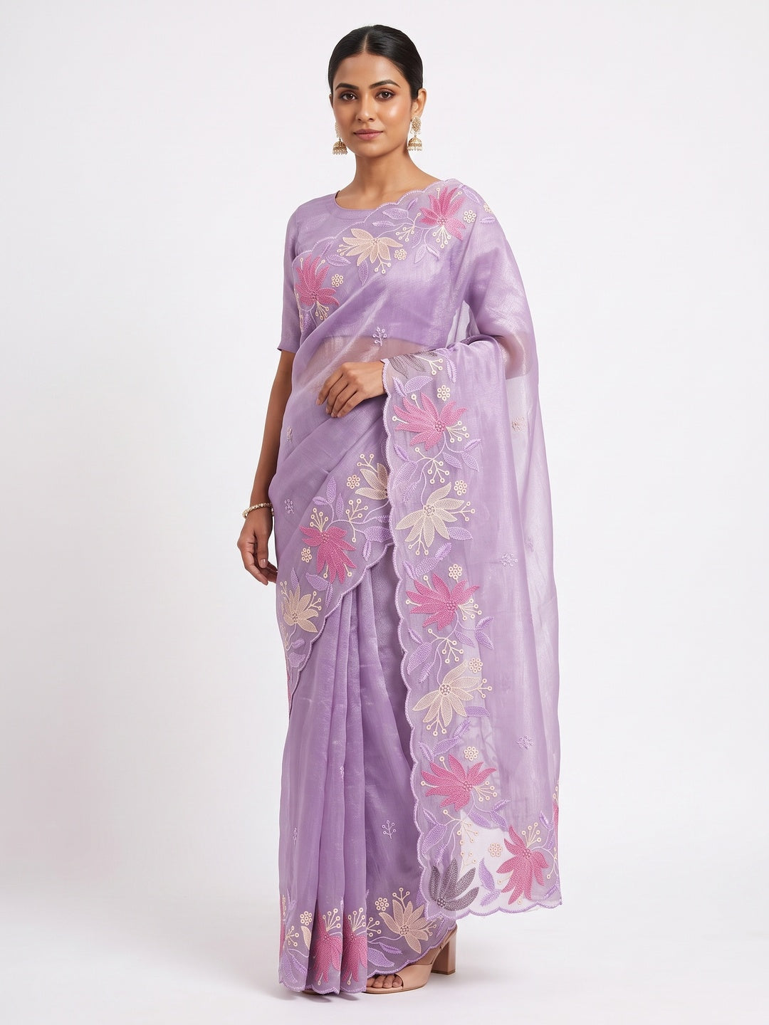 Lavender Organza Party Saree with Intricate Floral Embroidery - Image 1
