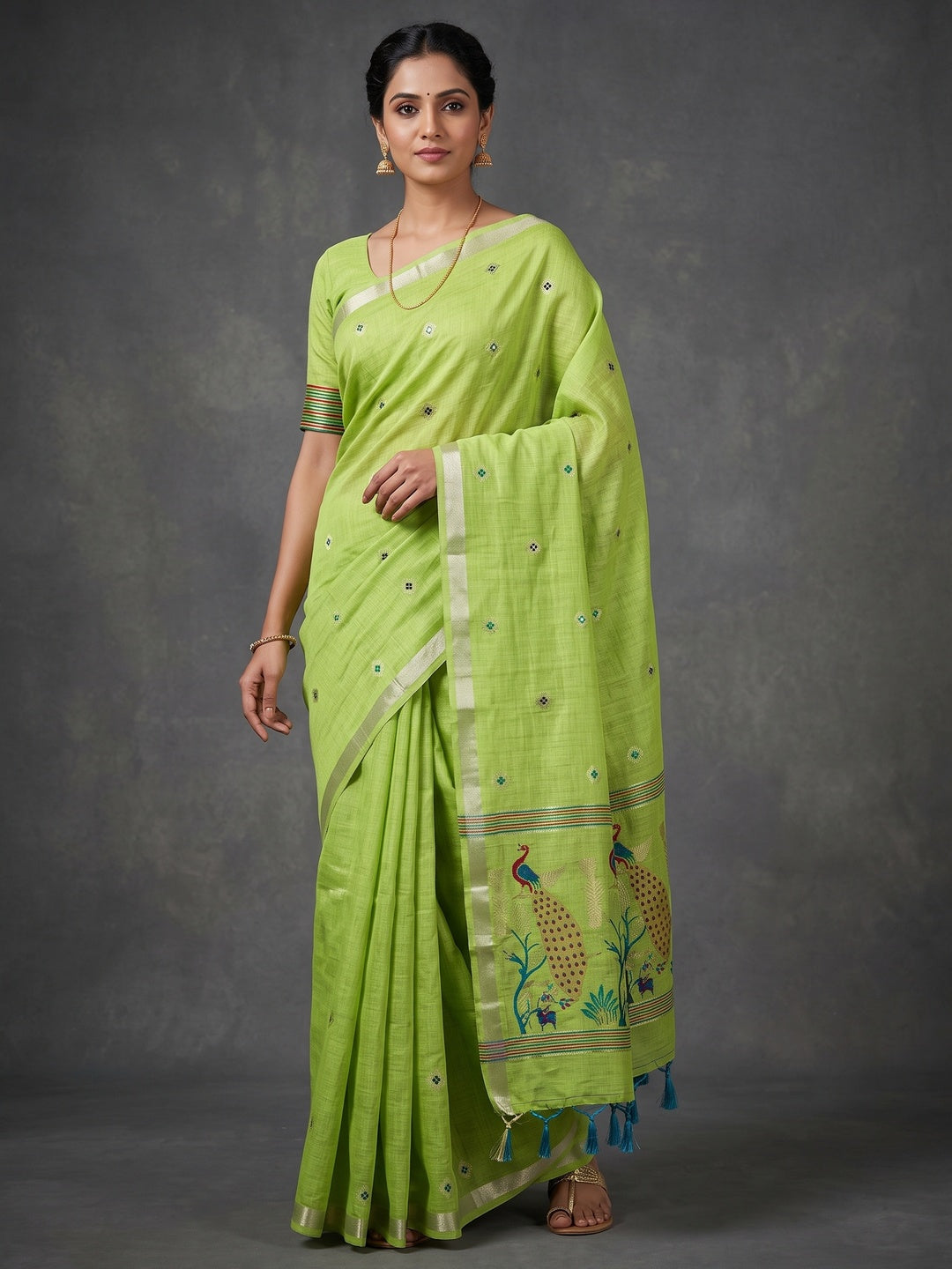 Peachmode Green Cotton Blend Mirror Motif Saree - Image 1