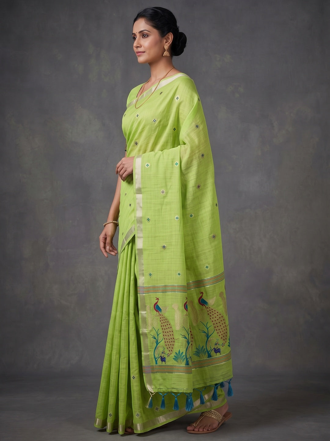 Peachmode Green Cotton Blend Mirror Motif Saree - Image 3
