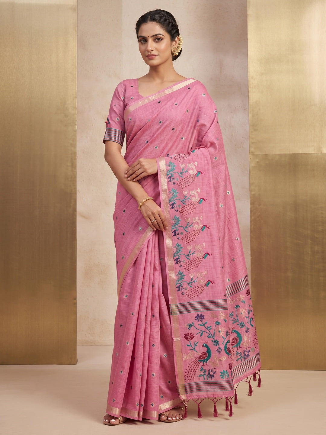 Peachmode Pink Cotton Blend Mirror Motif Saree - Image 1
