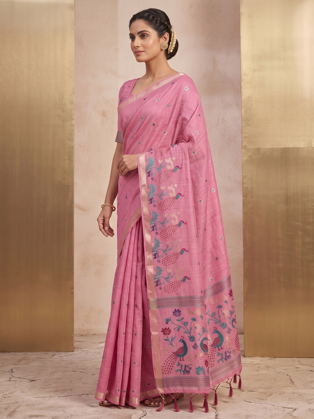 Peachmode Pink Cotton Blend Mirror Motif Saree - Image 3