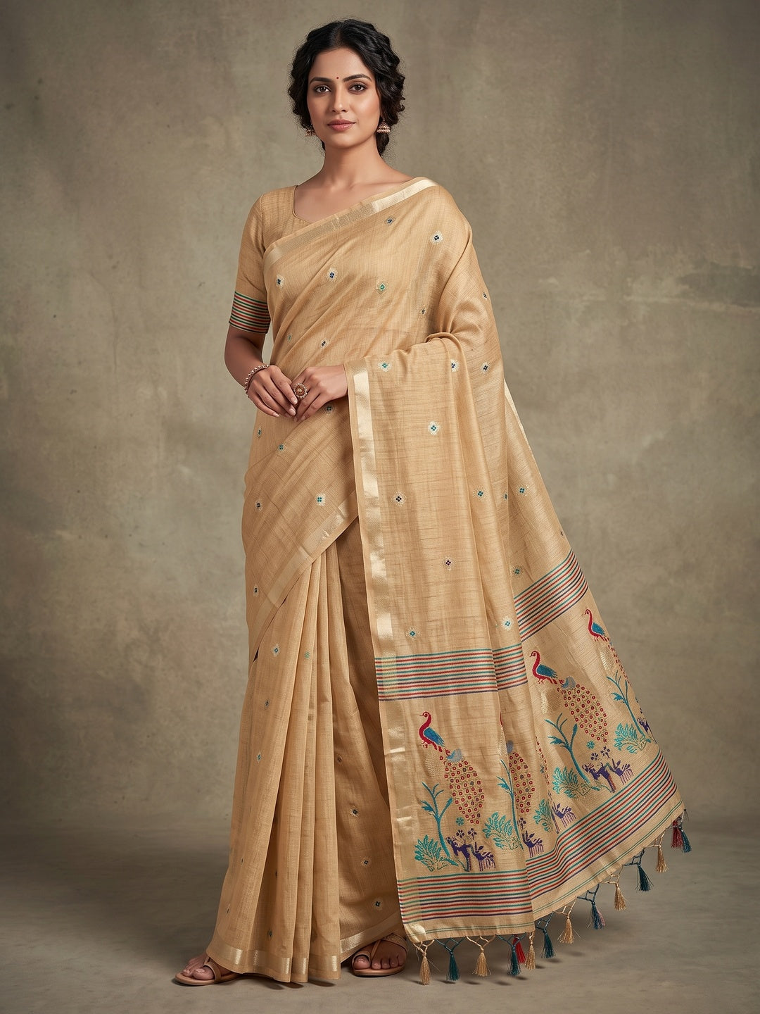 Peachmode Chikoo Cotton Blend Mirror Motif Saree - Image 1