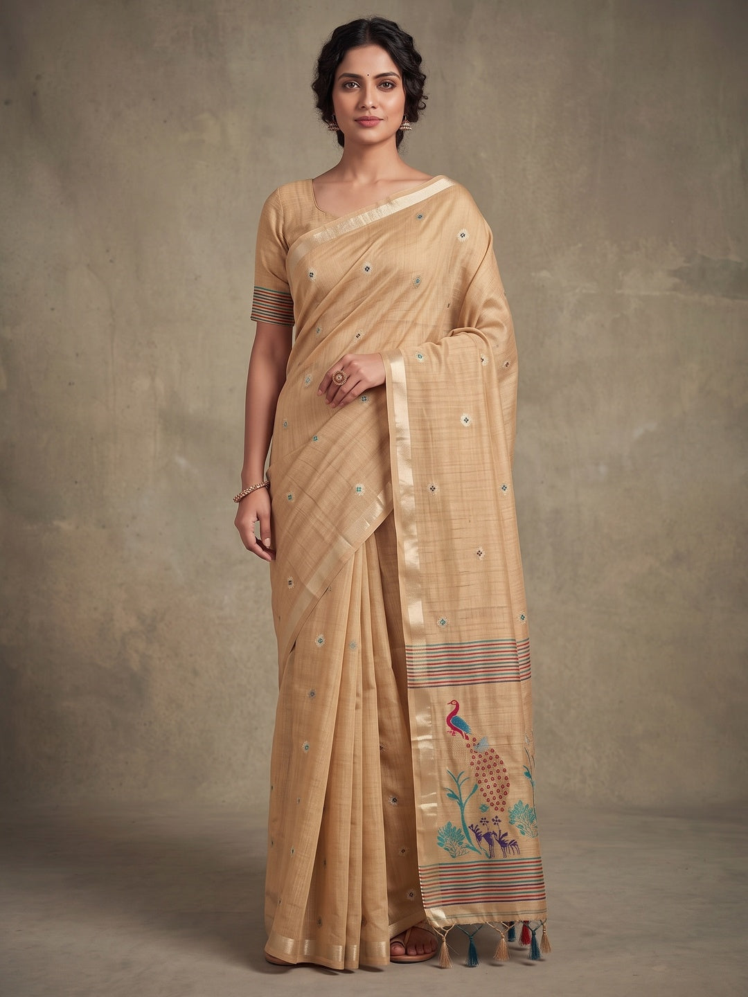 Peachmode Chikoo Cotton Blend Mirror Motif Saree - Image 2