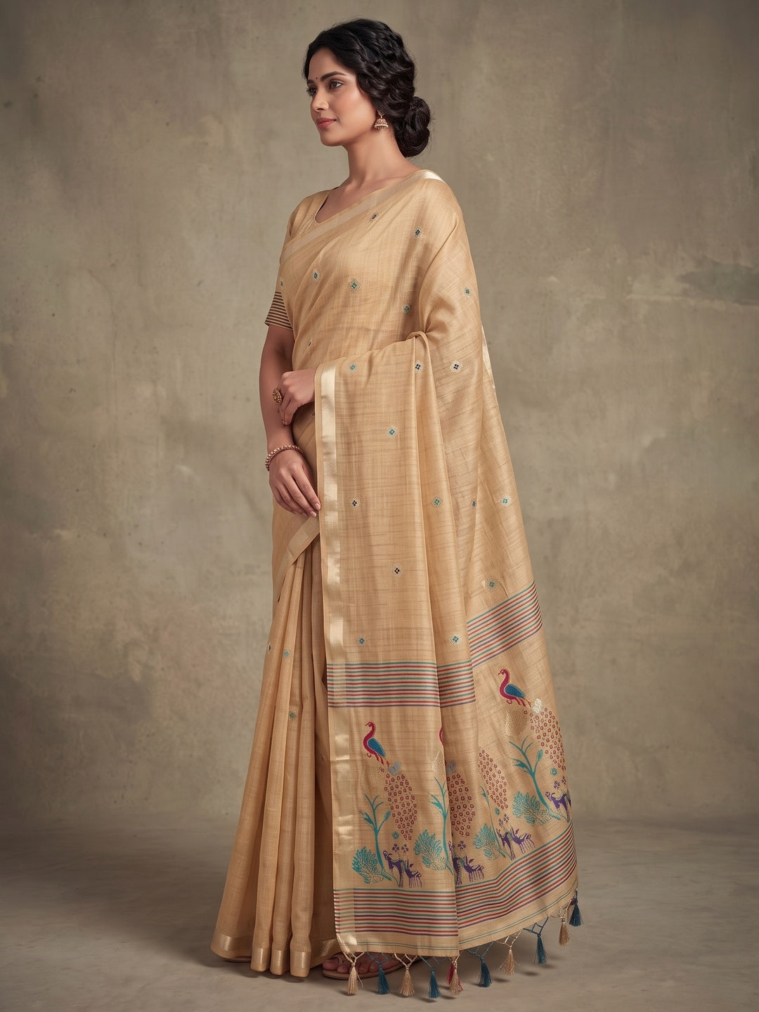 Peachmode Chikoo Cotton Blend Mirror Motif Saree - Image 3