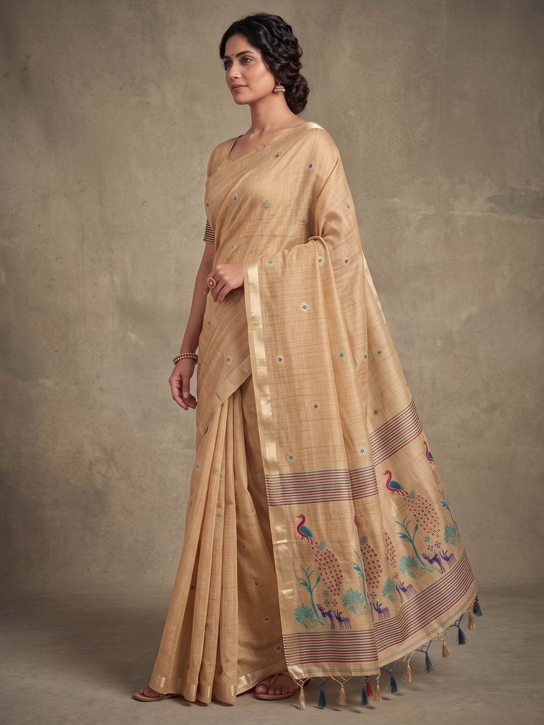 Peachmode Chikoo Cotton Blend Mirror Motif Saree - Image 4