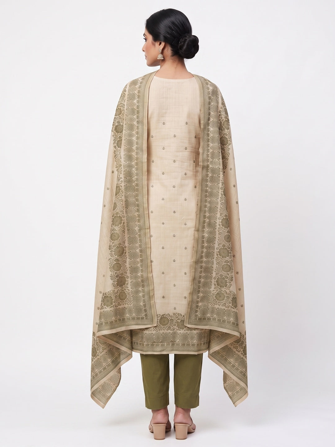 Peachmode Olive Linen Dress Material with Ethnic Motifs - Flat lay