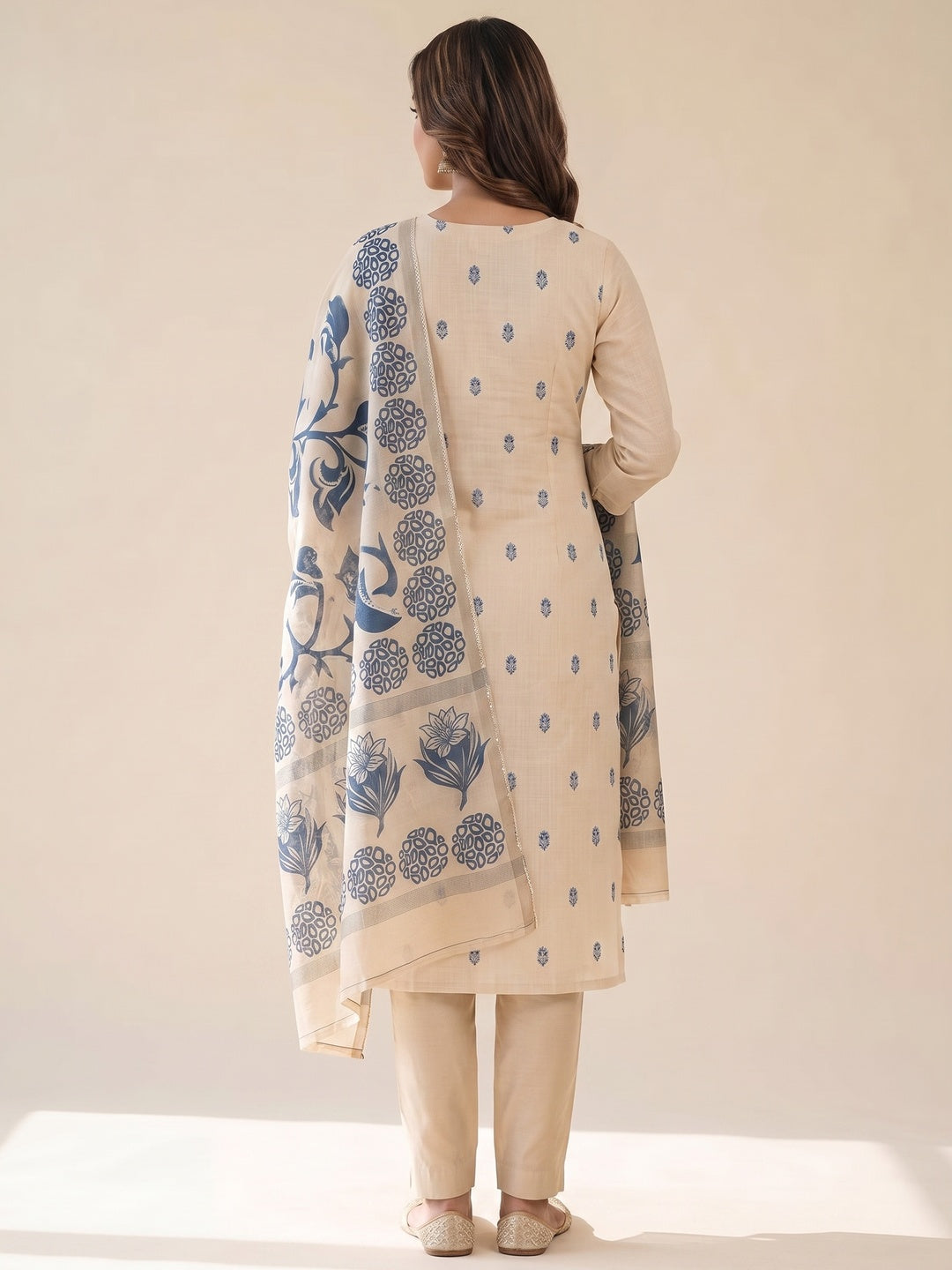 Peachmode Cream & Blue Linen Cotton Dress Material with Ethnic Motifs - Image 2