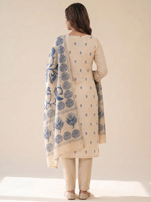 Peachmode Cream & Blue Linen Cotton Dress Material with Ethnic Motifs - Image 2